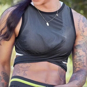 Fabletics Black Mesh Workout Crop Tank Top Tie Back Fit To Body Size Large